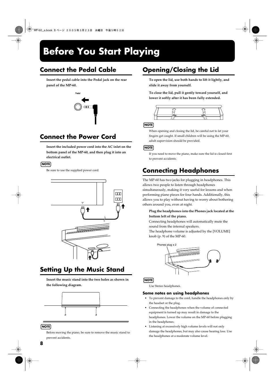 Before you start playing, Connect the pedal cable, Connect the power cord | Setting up the music stand, Opening/closing the lid, Connecting headphones, P. 8) | Roland MP-60 User Manual | Page 8 / 44