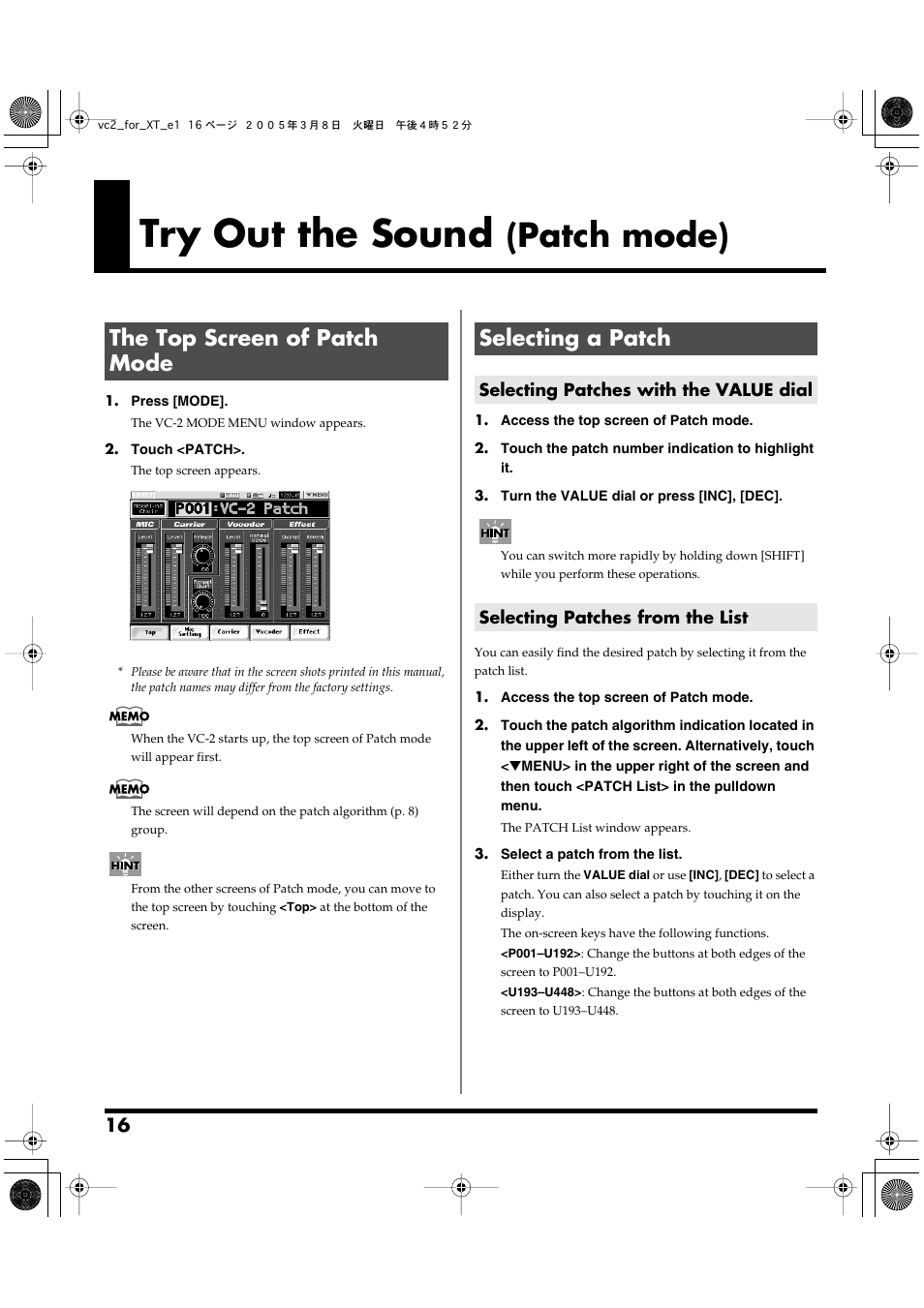 Try out the sound (patch mode), The top screen of patch mode, Selecting a patch | Selecting patches with the value dial, Selecting patches from the list, The top screen of patch mode selecting a patch, Try out the sound, Patch mode) | Roland VC-2 User Manual | Page 16 / 72