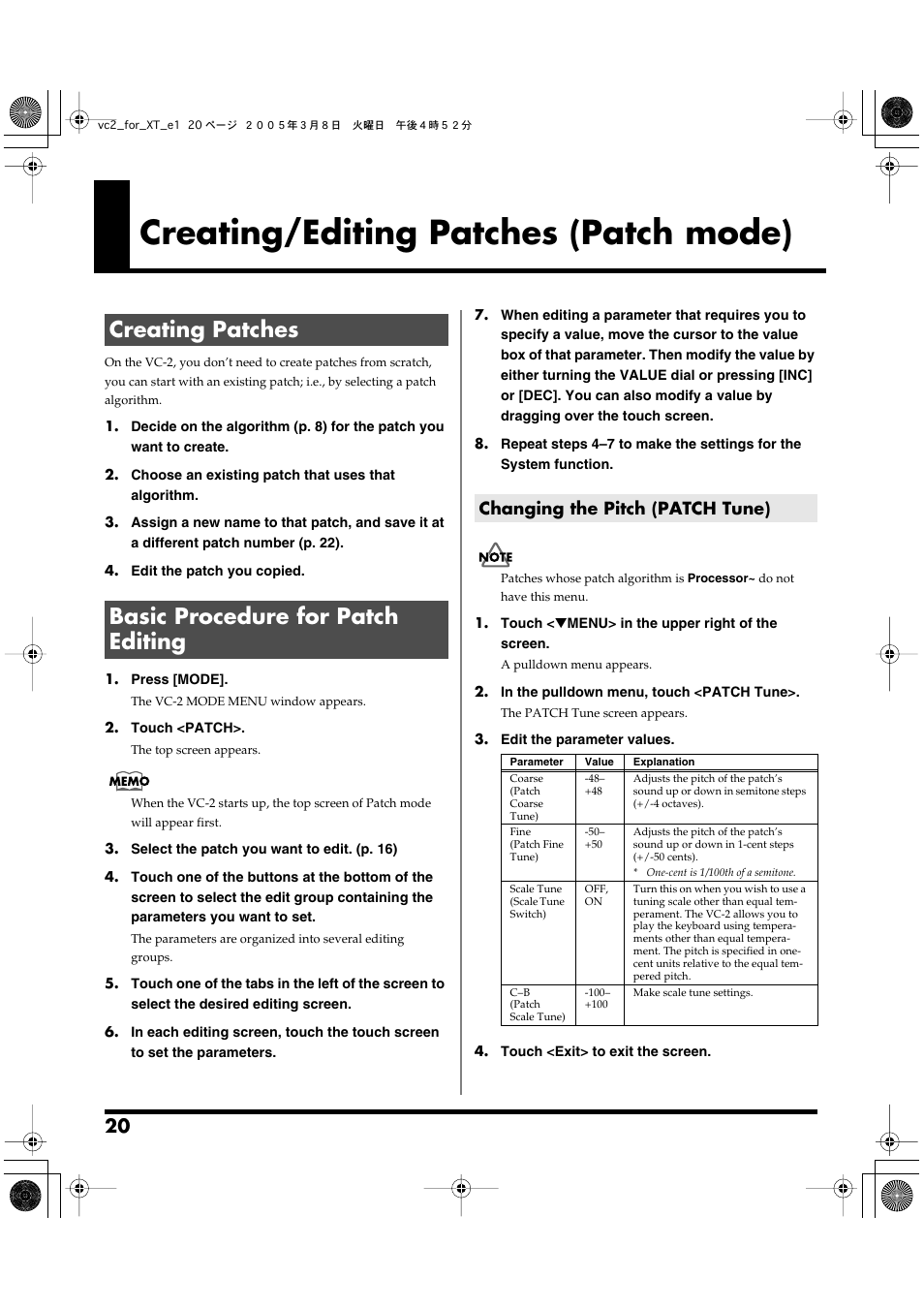 Creating/editing patches (patch mode), Creating patches, Basic procedure for patch editing | Changing the pitch (patch tune), Creating patches basic procedure for patch editing | Roland VC-2 User Manual | Page 20 / 72