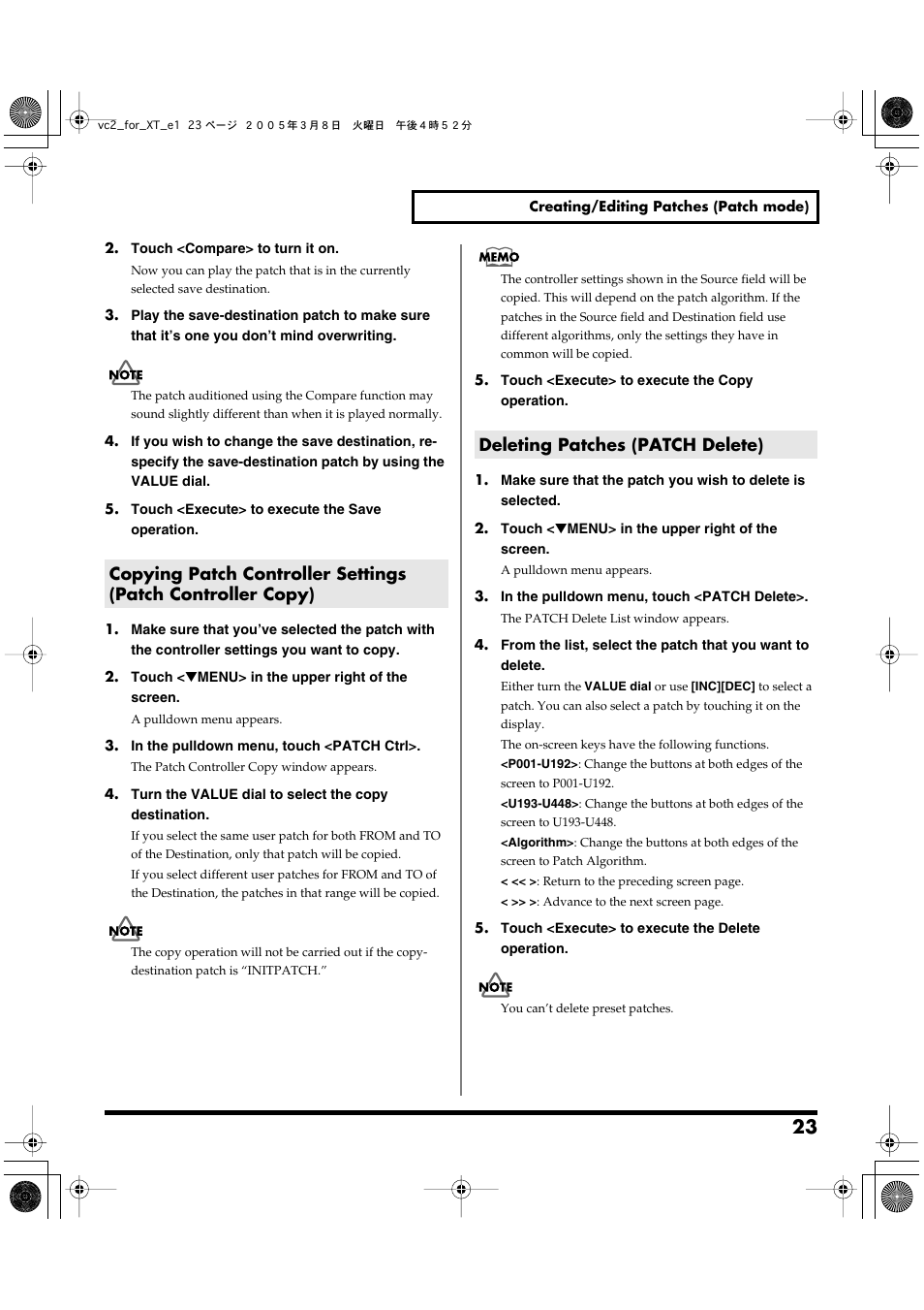 Deleting patches (patch delete) | Roland VC-2 User Manual | Page 23 / 72