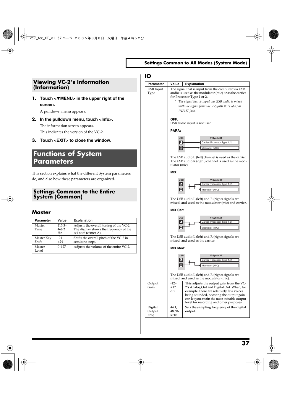 Viewing vc-2’s information (information), Functions of system parameters, Settings common to the entire system (common) | Master io viewing vc-2’s information (information) | Roland VC-2 User Manual | Page 37 / 72