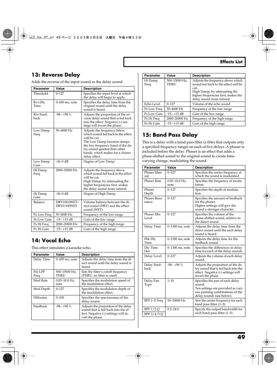 P. 49, Reverse delay, Vocal echo | Band pass delay | Roland VC-2 User Manual | Page 49 / 72