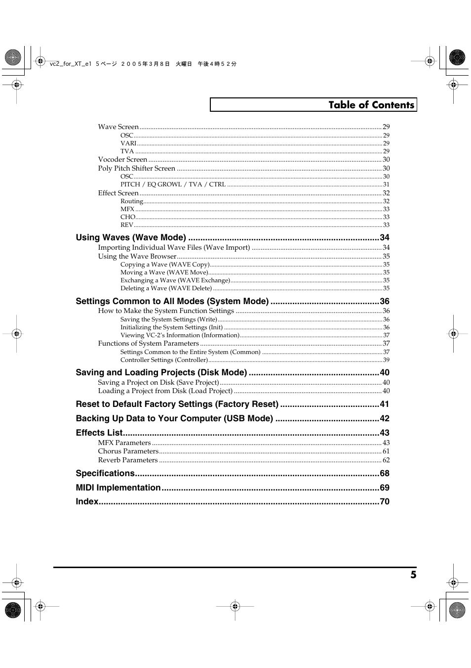 5 table of contents | Roland VC-2 User Manual | Page 5 / 72