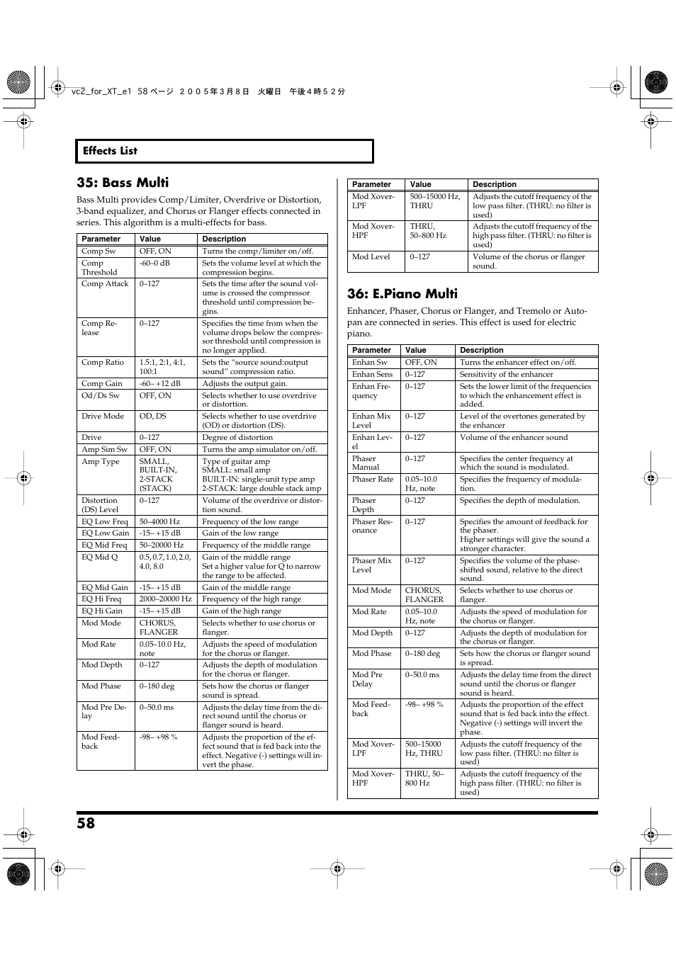 P. 58, Bass multi, E.piano multi | Roland VC-2 User Manual | Page 58 / 72