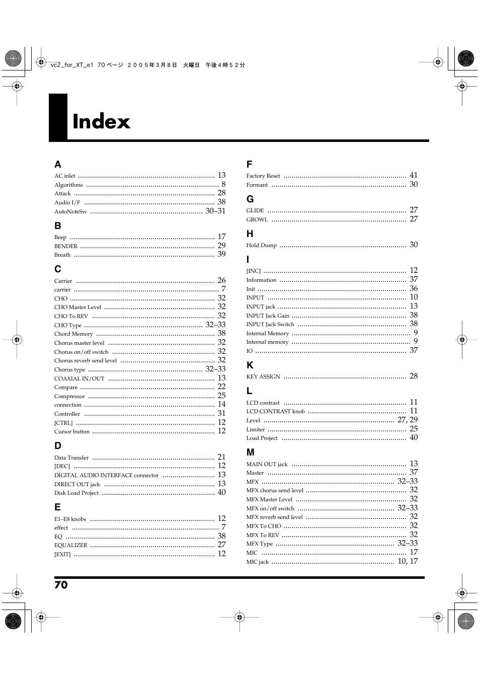Index | Roland VC-2 User Manual | Page 70 / 72