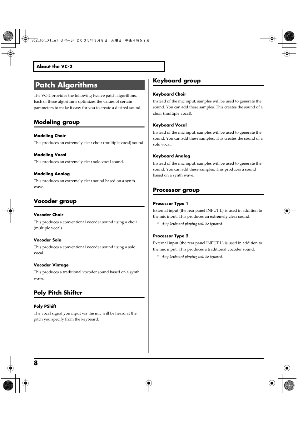 Patch algorithms, Modeling group, Vocoder group | Poly pitch shifter, Keyboard group, Processor group | Roland VC-2 User Manual | Page 8 / 72