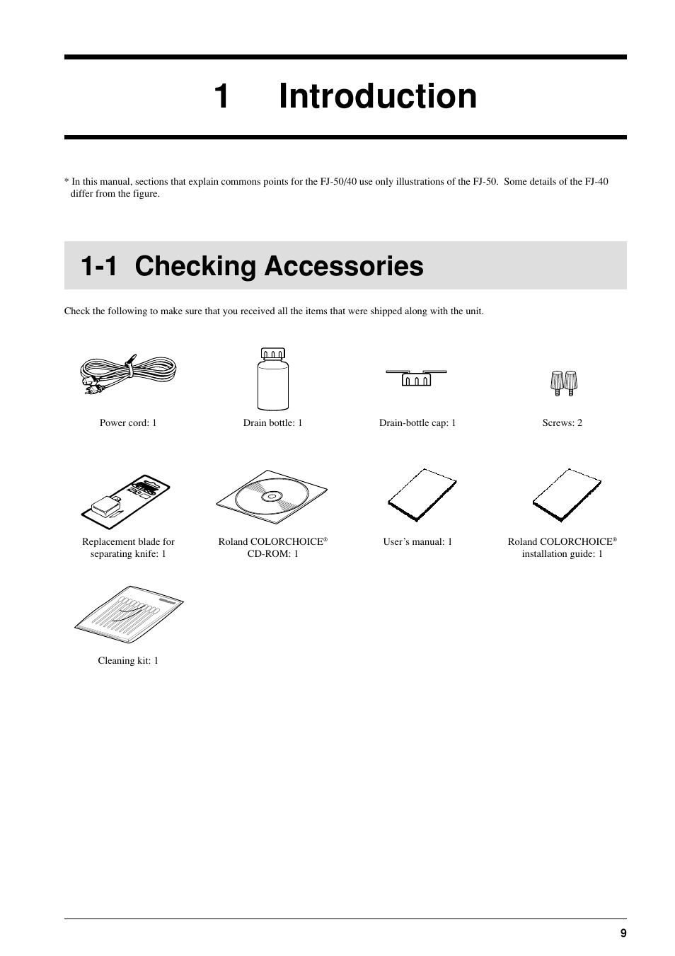 1 introduction, 1 checking accessories | Roland FJ-40 User Manual | Page 11 / 66