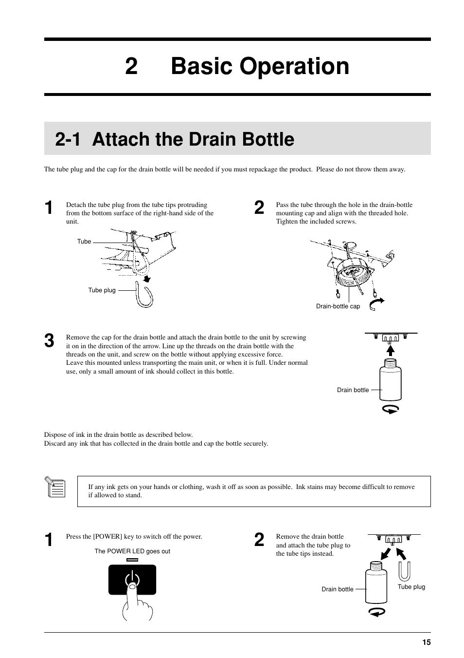 2 basic operation, 1 attach the drain bottle | Roland FJ-40 User Manual | Page 17 / 66