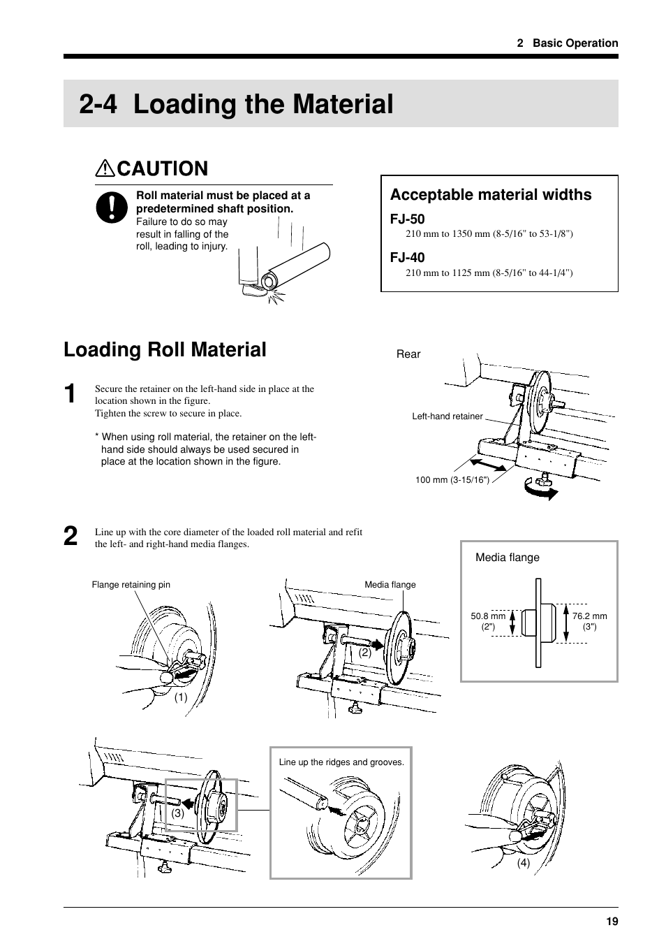 4 loading the material, Loading roll material, Acceptable material widths | Roland FJ-40 User Manual | Page 21 / 66