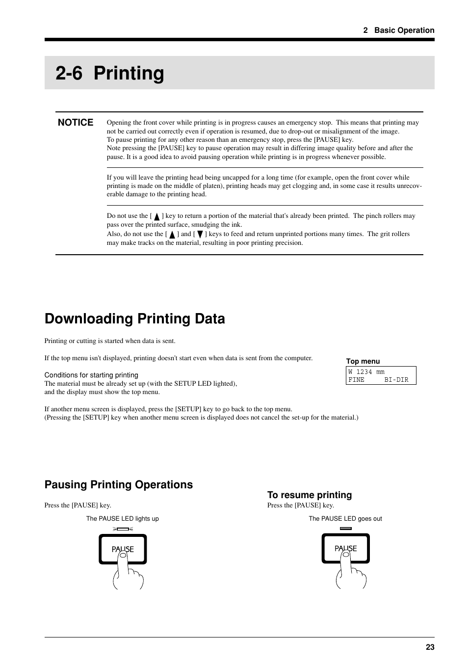 6 printing, Downloading printing data, Pausing printing operations | Roland FJ-40 User Manual | Page 25 / 66