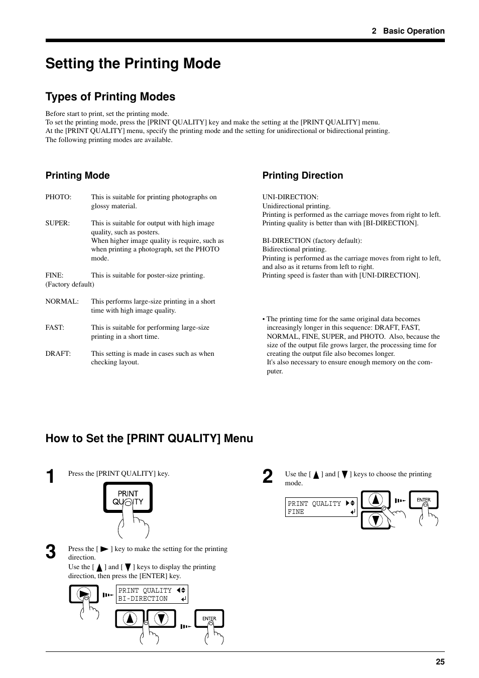 Setting the printing mode, Types of printing modes, How to set the [print quality] menu | Roland FJ-40 User Manual | Page 27 / 66