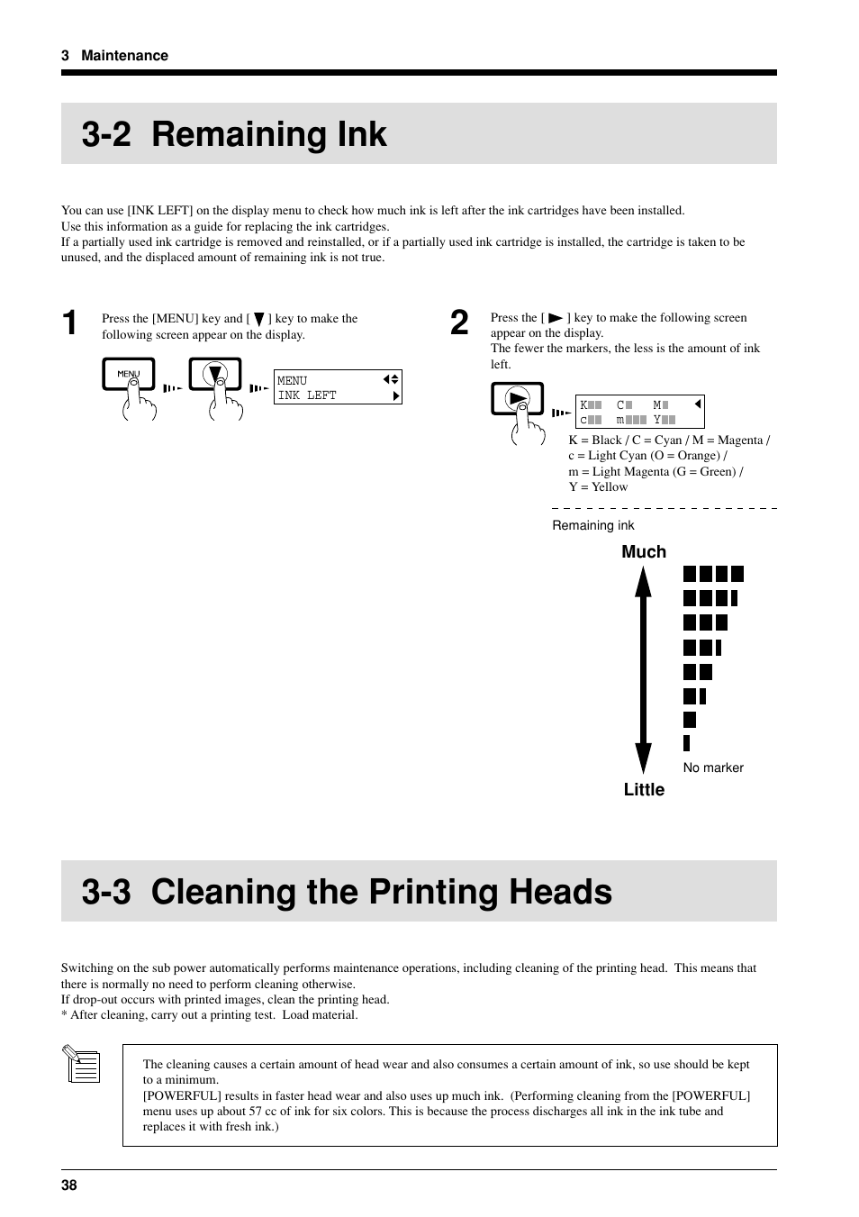 2 remaining ink, 3 cleaning the printing heads | Roland FJ-40 User Manual | Page 40 / 66