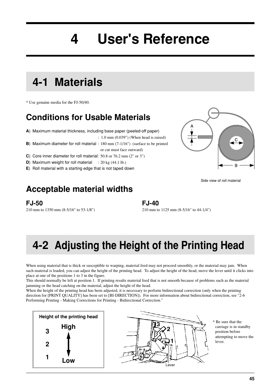 4 user's reference, 1 materials, 2 adjusting the height of the printing head | Conditions for usable materials, Acceptable material widths | Roland FJ-40 User Manual | Page 47 / 66