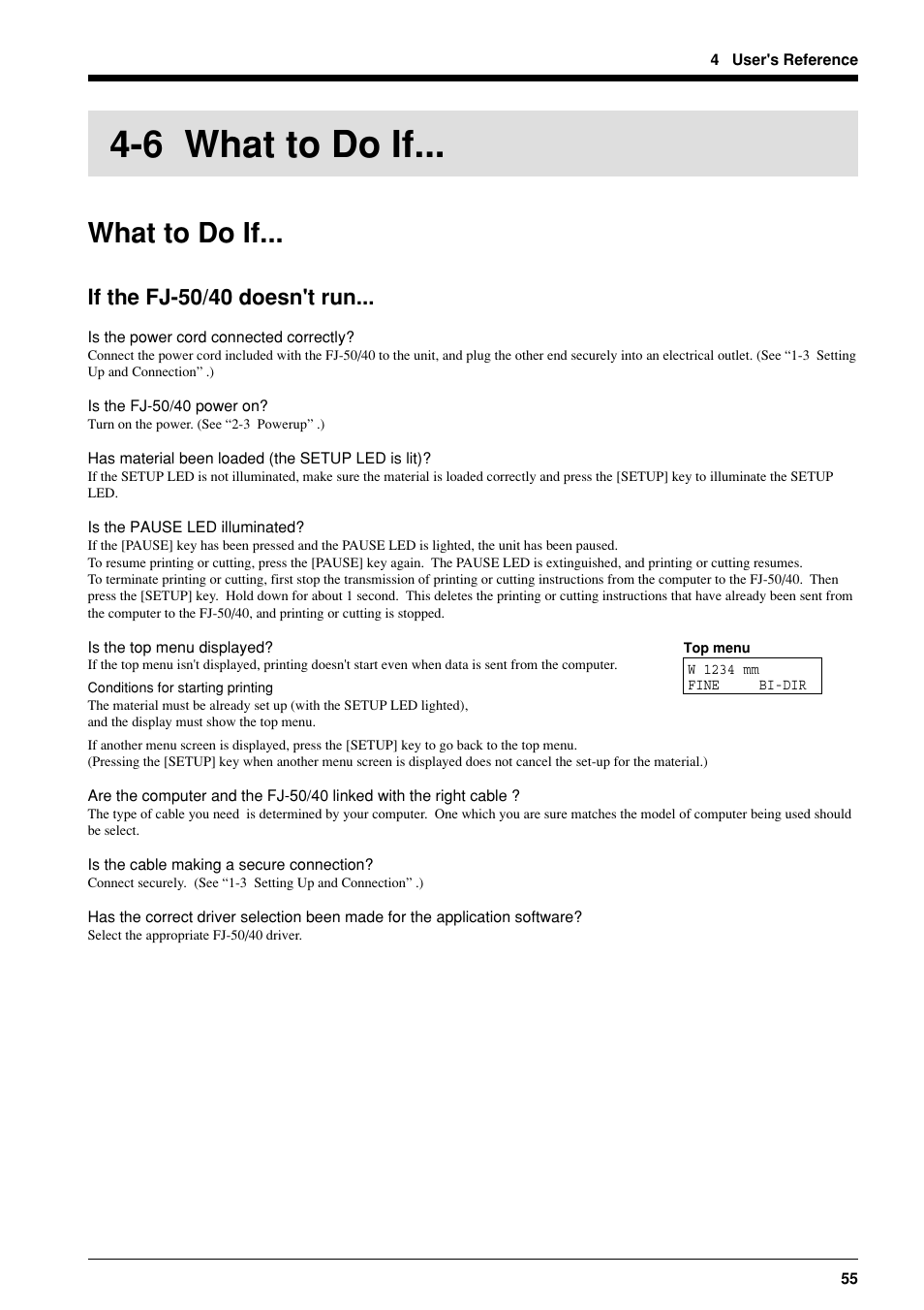 6 what to do if, What to do if, If the fj-50/40 doesn't run | Roland FJ-40 User Manual | Page 57 / 66