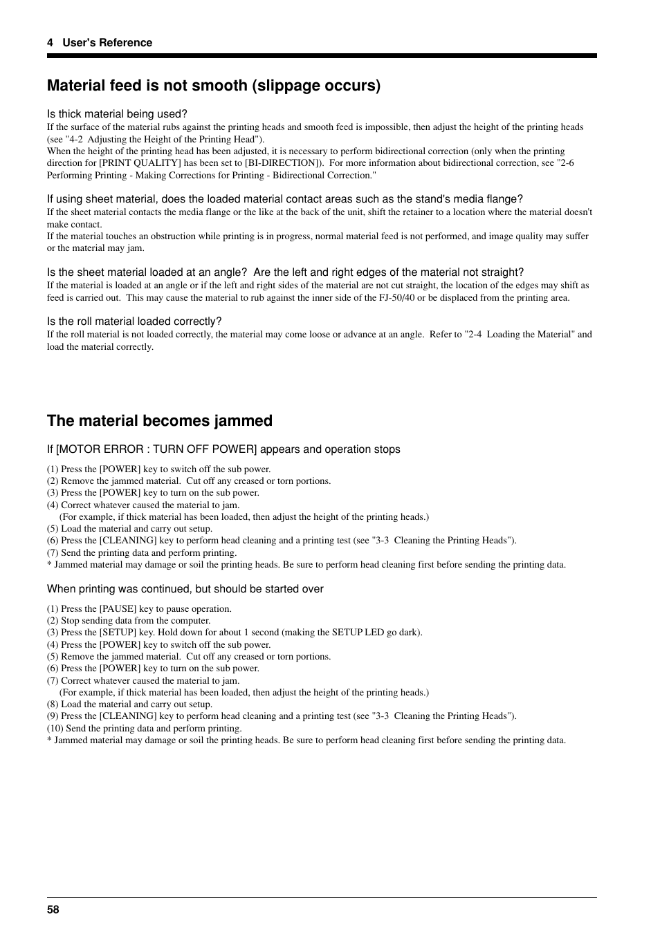 Material feed is not smooth (slippage occurs), The material becomes jammed | Roland FJ-40 User Manual | Page 60 / 66