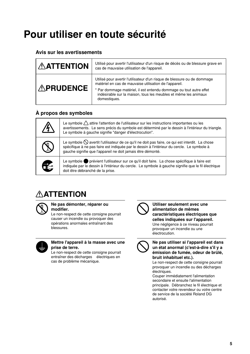 Pour utiliser en toute sécurité | Roland FJ-40 User Manual | Page 7 / 66