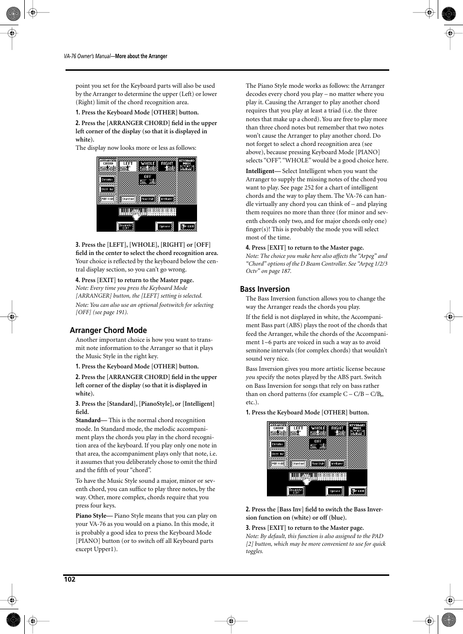 Arranger chord mode, Bass inversion | Roland V-Arranger Keyboard VA-76 User Manual | Page 100 / 264