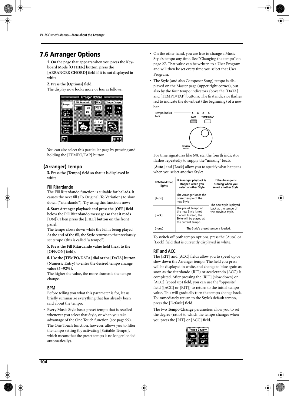 6 arranger options, Arranger) tempo | Roland V-Arranger Keyboard VA-76 User Manual | Page 102 / 264