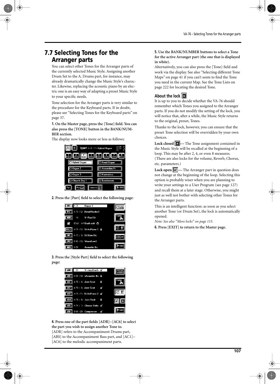 7 selecting tones for the arranger parts | Roland V-Arranger Keyboard VA-76 User Manual | Page 105 / 264