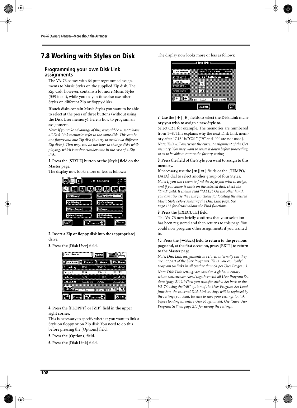 8 working with styles on disk, Programming your own disk link assignments | Roland V-Arranger Keyboard VA-76 User Manual | Page 106 / 264