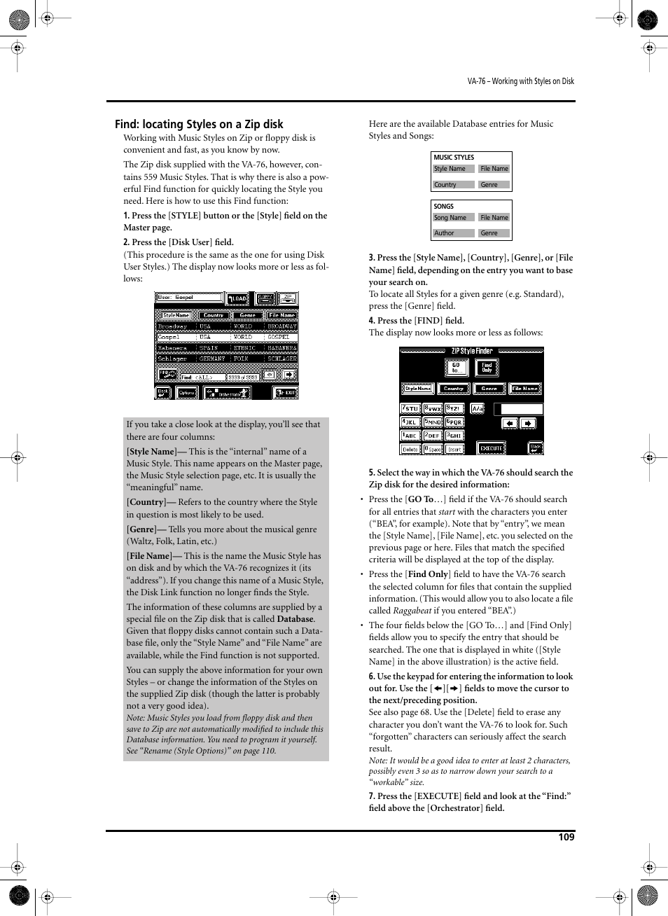 Find: locating styles on a zip disk | Roland V-Arranger Keyboard VA-76 User Manual | Page 107 / 264