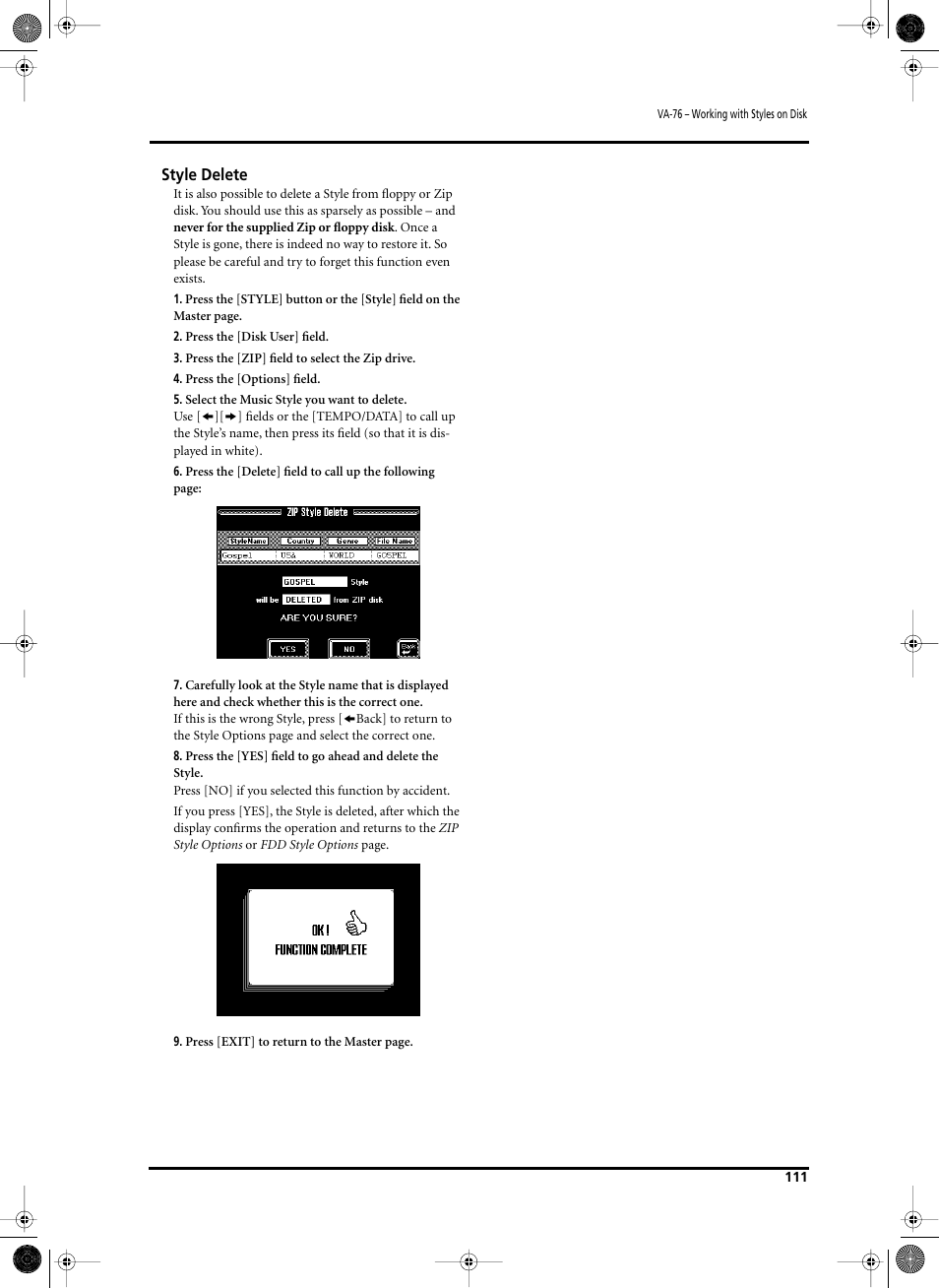 Style delete | Roland V-Arranger Keyboard VA-76 User Manual | Page 109 / 264