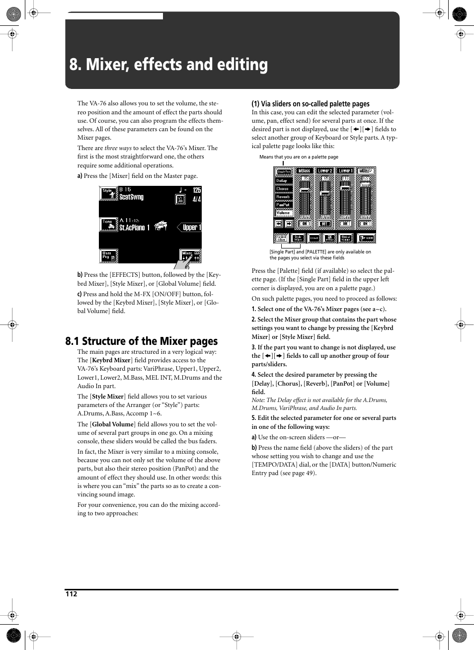 Mixer, effects and editing, 1 structure of the mixer pages | Roland V-Arranger Keyboard VA-76 User Manual | Page 110 / 264