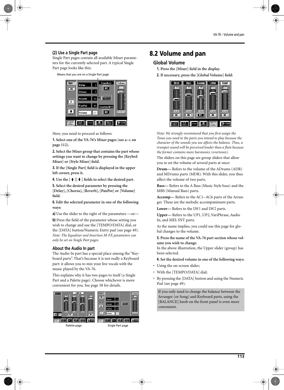 2 volume and pan, Global volume | Roland V-Arranger Keyboard VA-76 User Manual | Page 111 / 264