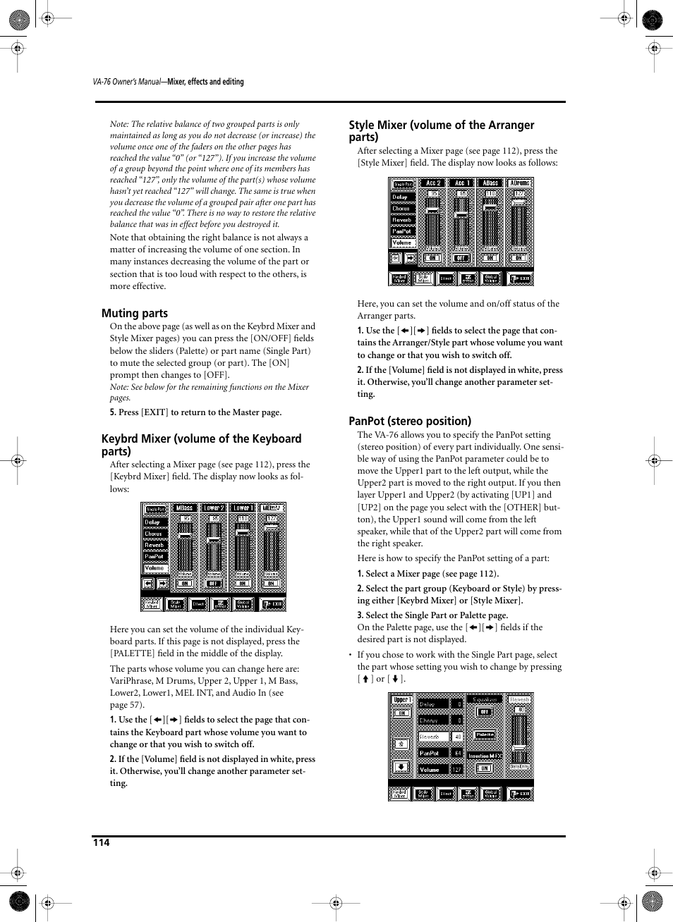 Muting parts, Keybrd mixer (volume of the keyboard parts), Style mixer (volume of the arranger parts) | Panpot (stereo position) | Roland V-Arranger Keyboard VA-76 User Manual | Page 112 / 264