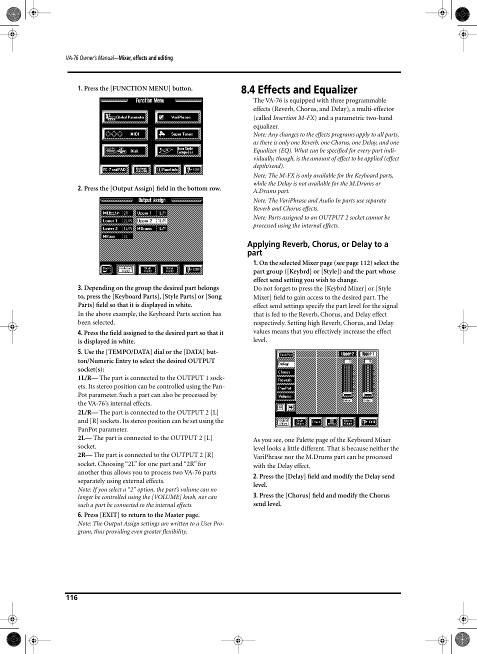 4 effects and equalizer, Applying reverb, chorus, or delay to a part | Roland V-Arranger Keyboard VA-76 User Manual | Page 114 / 264