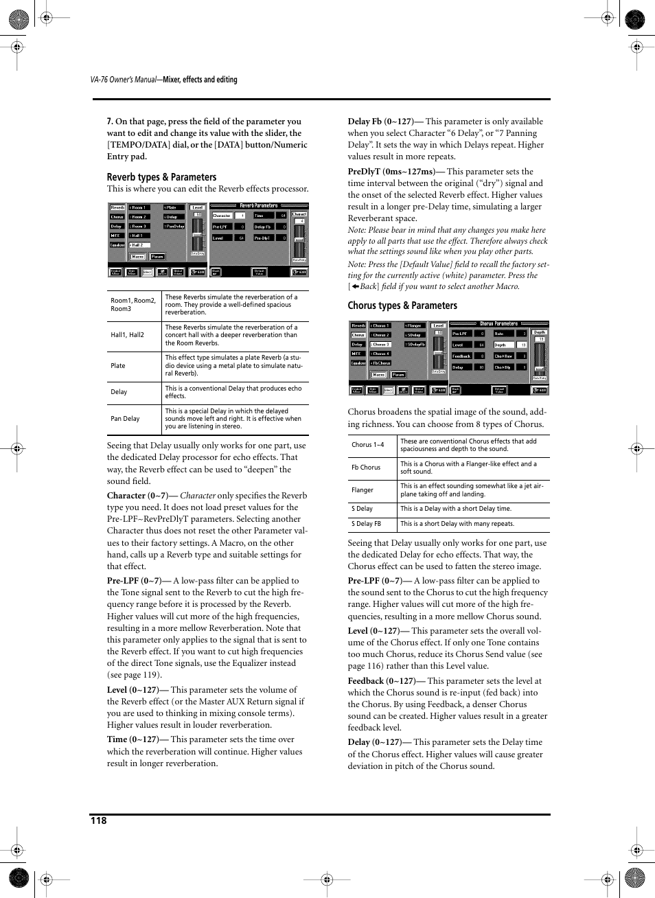 Reverb types & parameters, Chorus types & parameters | Roland V-Arranger Keyboard VA-76 User Manual | Page 116 / 264