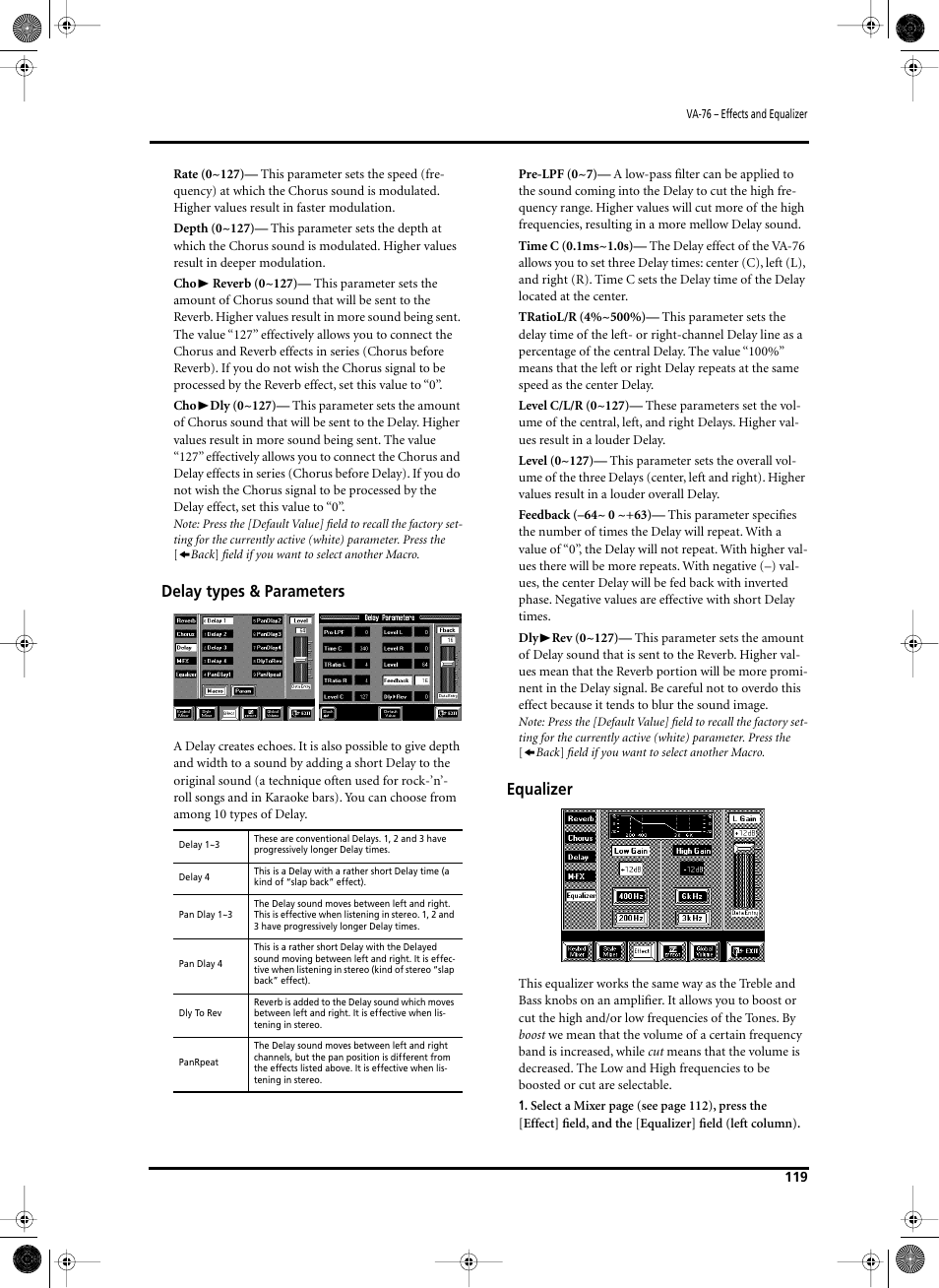 Delay types & parameters, Equalizer | Roland V-Arranger Keyboard VA-76 User Manual | Page 117 / 264