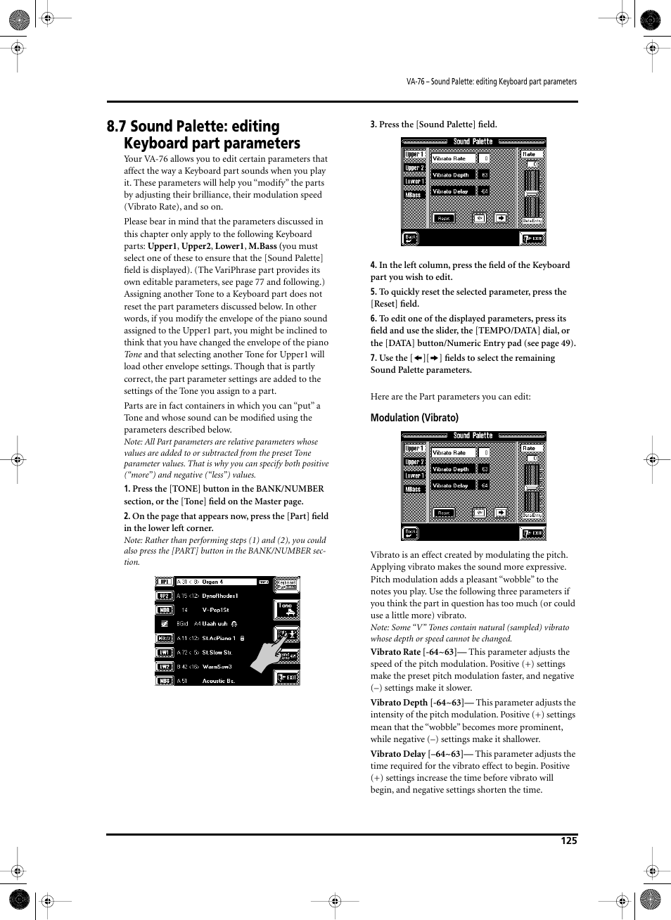 7 sound palette: editing keyboard part parameters | Roland V-Arranger Keyboard VA-76 User Manual | Page 123 / 264