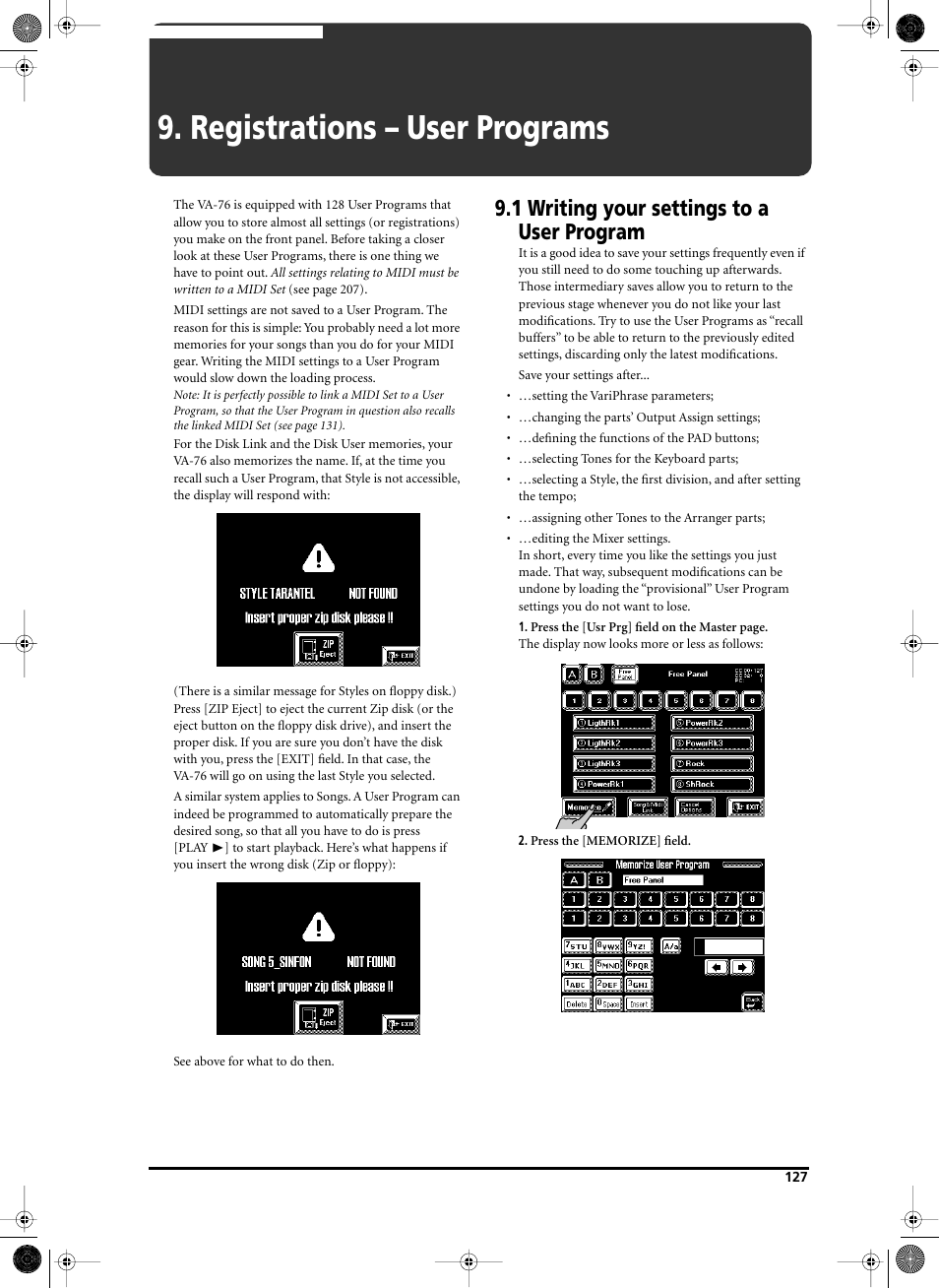 Registrations – user programs, 1 writing your settings to a user program | Roland V-Arranger Keyboard VA-76 User Manual | Page 125 / 264