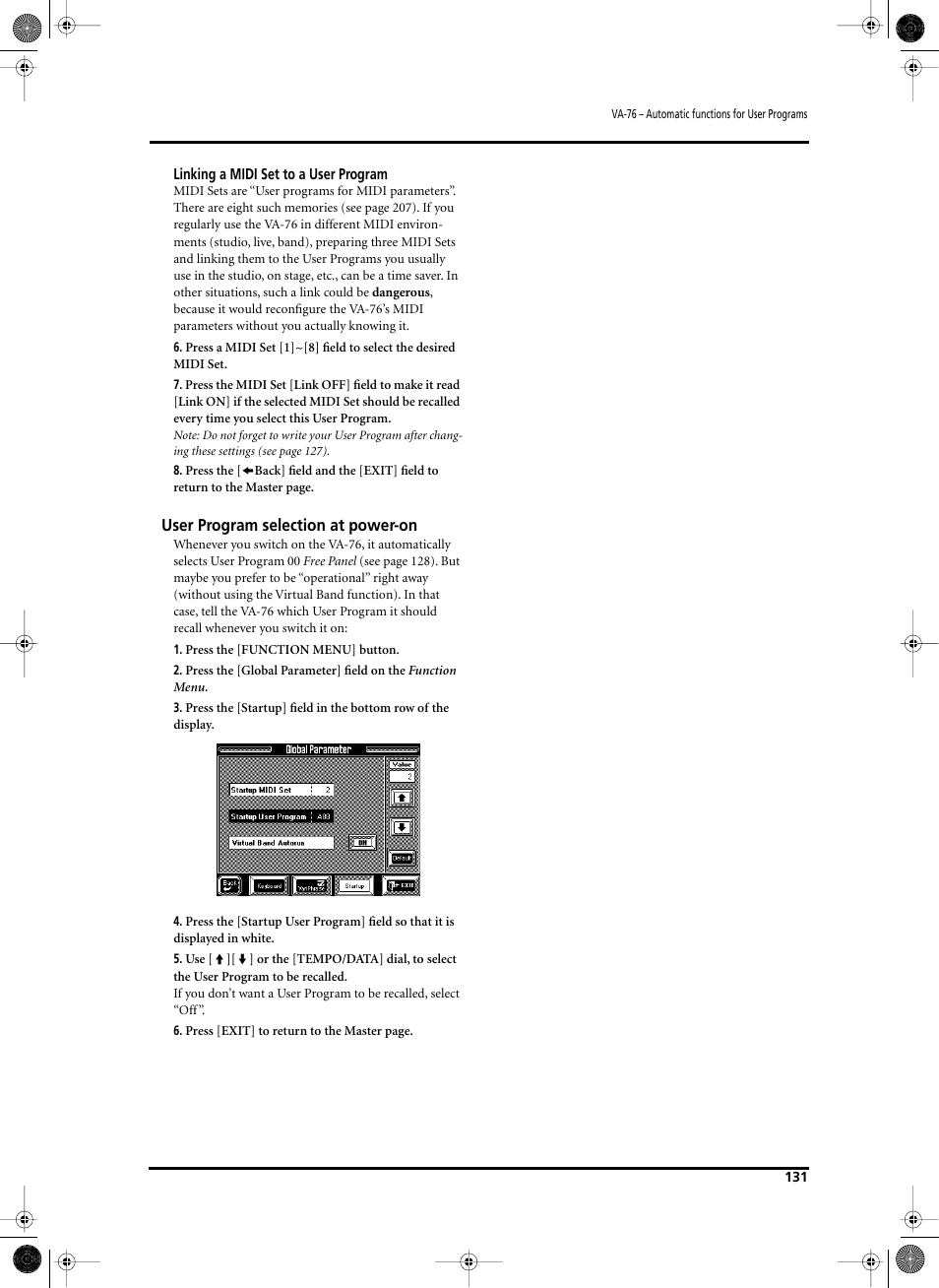 User program selection at power-on | Roland V-Arranger Keyboard VA-76 User Manual | Page 129 / 264