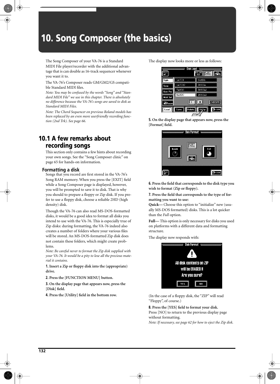 Song composer (the basics), 1 a few remarks about recording songs | Roland V-Arranger Keyboard VA-76 User Manual | Page 130 / 264