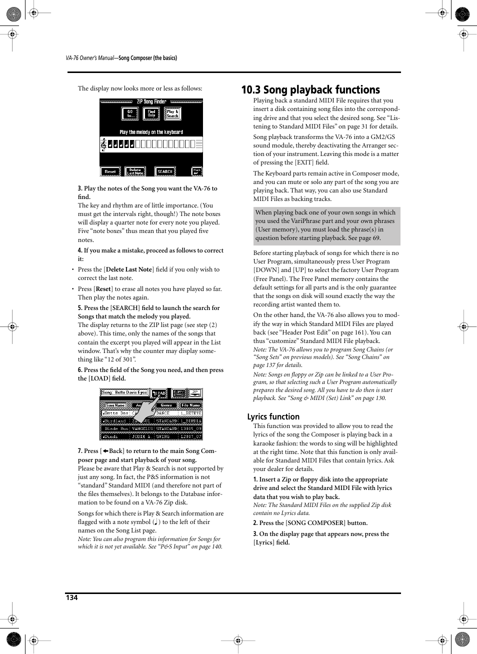 3 song playback functions, Lyrics function | Roland V-Arranger Keyboard VA-76 User Manual | Page 132 / 264