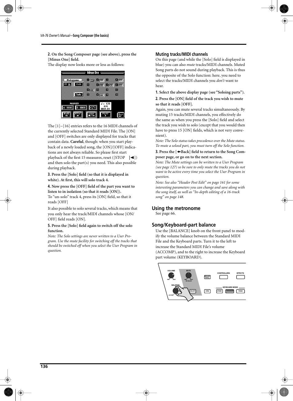 Using the metronome, Song/keyboard-part balance, Muting tracks/midi channels | See page 66 | Roland V-Arranger Keyboard VA-76 User Manual | Page 134 / 264