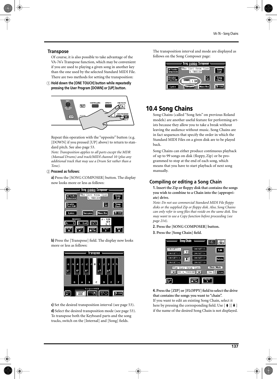 4 song chains, Transpose, Compiling or editing a song chain | Roland V-Arranger Keyboard VA-76 User Manual | Page 135 / 264