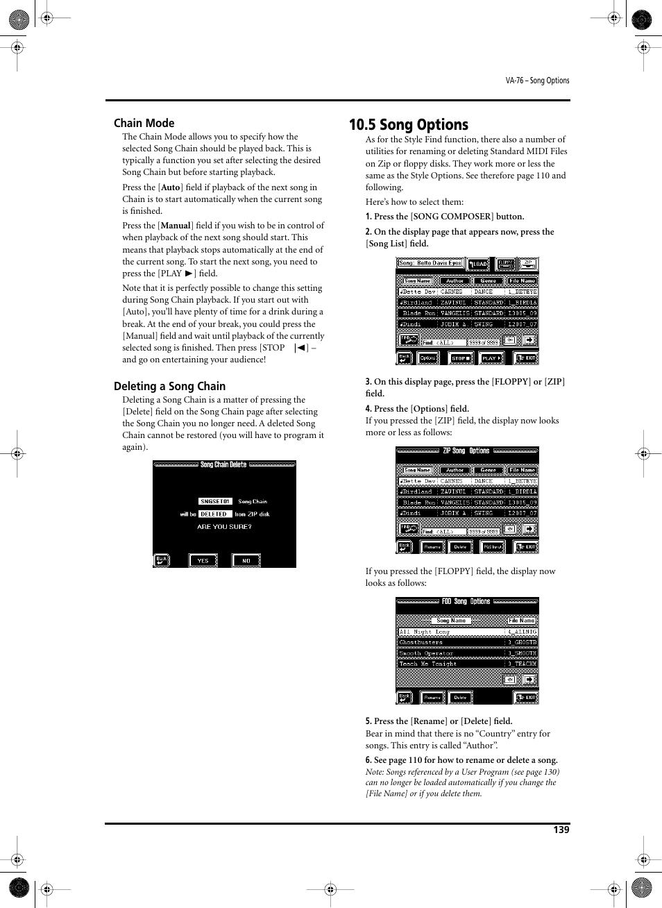 5 song options | Roland V-Arranger Keyboard VA-76 User Manual | Page 137 / 264