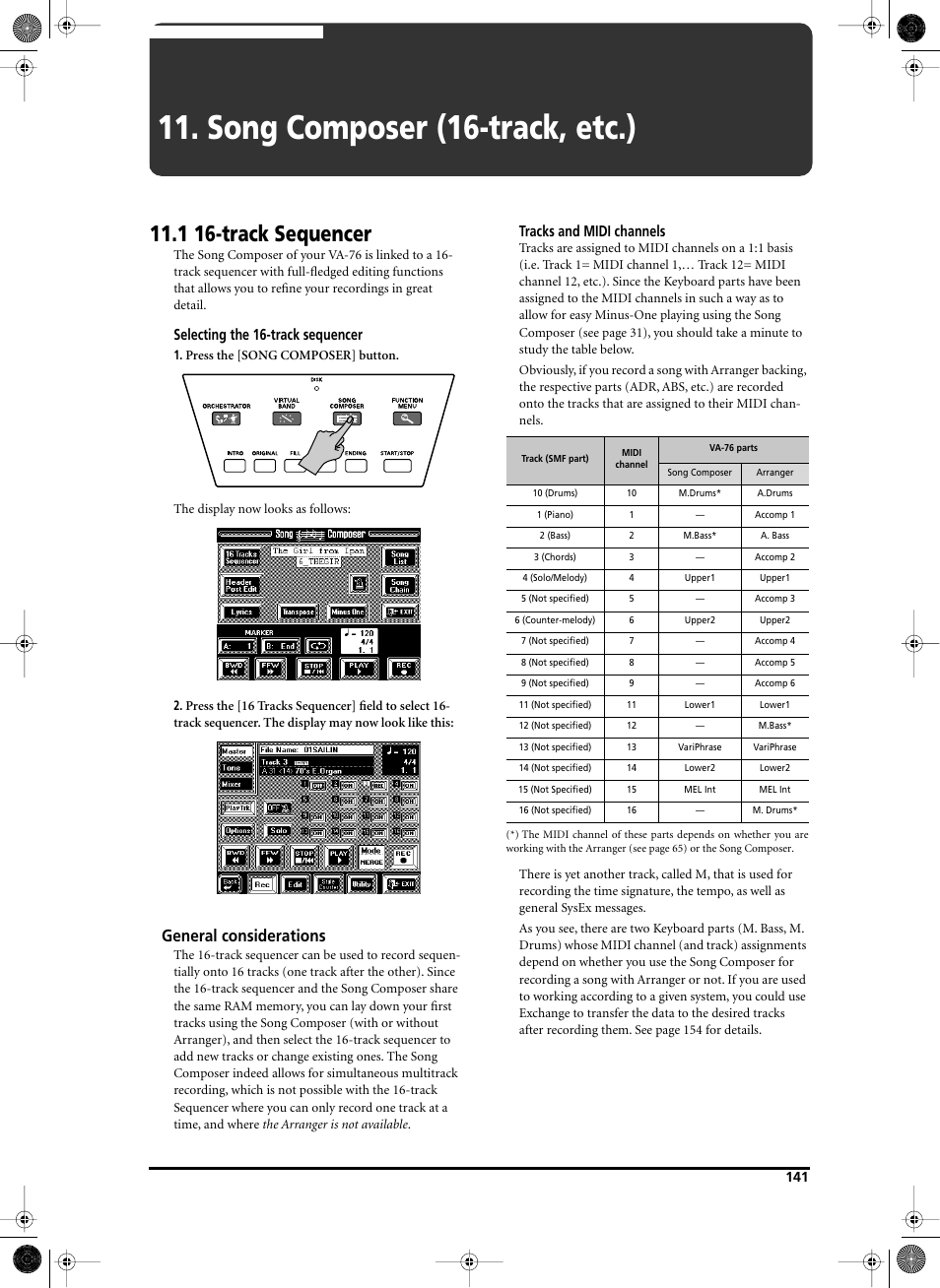 Song composer (16-track, etc.), 1 16-track sequencer, General considerations | Selecting the 16-track sequencer, Tracks and midi channels | Roland V-Arranger Keyboard VA-76 User Manual | Page 139 / 264