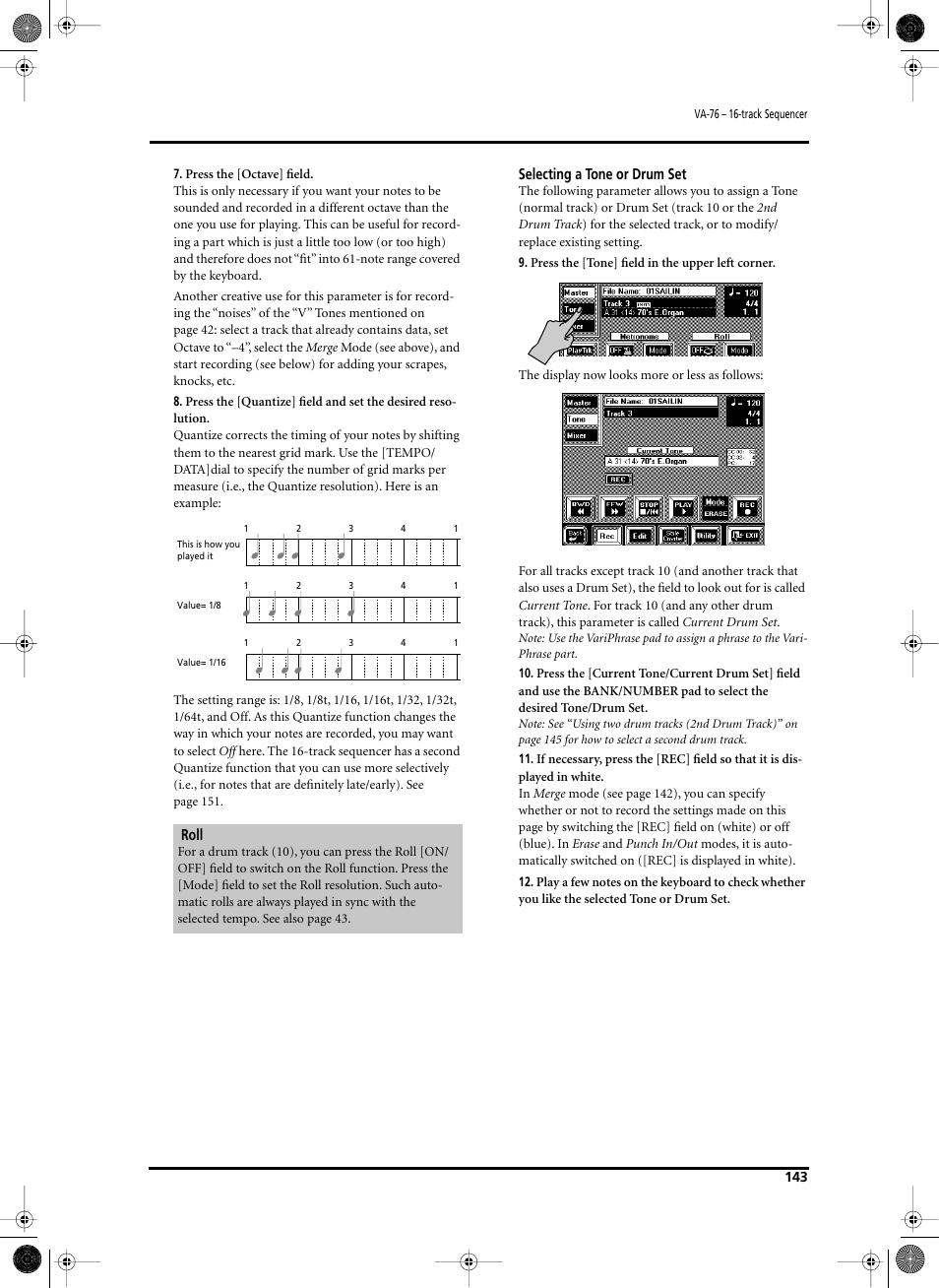 Selecting a tone or drum set, Roll | Roland V-Arranger Keyboard VA-76 User Manual | Page 141 / 264