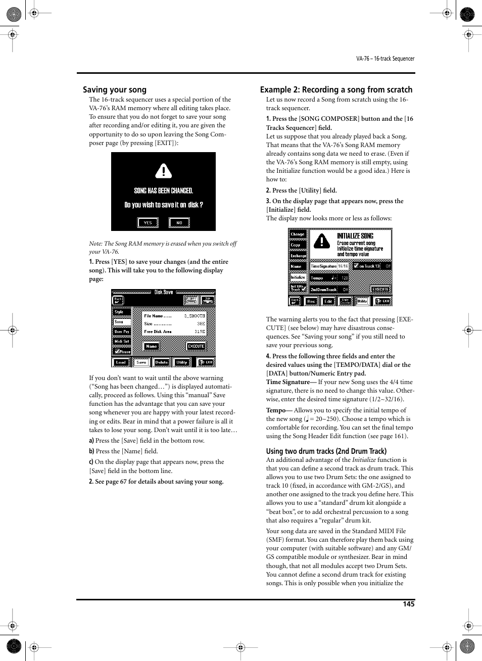 Saving your song, Example 2: recording a song from scratch | Roland V-Arranger Keyboard VA-76 User Manual | Page 143 / 264