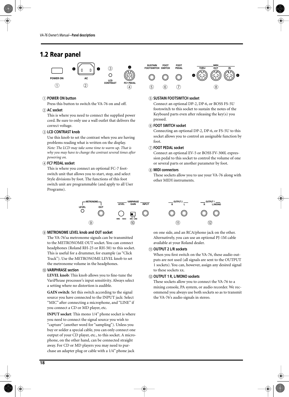 2 rear panel, Ij k l | Roland V-Arranger Keyboard VA-76 User Manual | Page 16 / 264