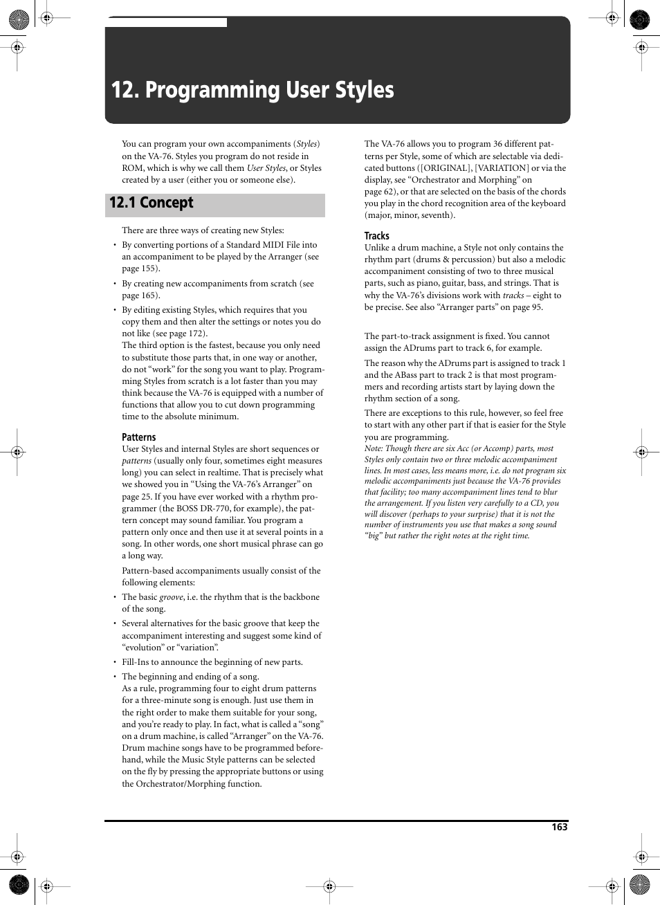 Programming user styles, 1 concept | Roland V-Arranger Keyboard VA-76 User Manual | Page 161 / 264