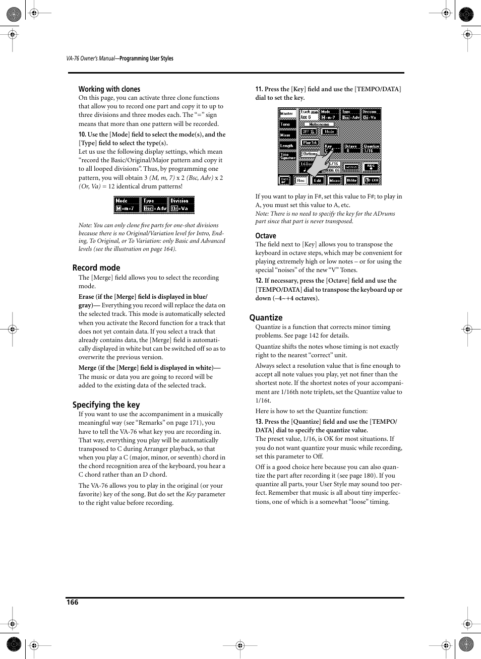 Record mode, Specifying the key, Quantize | Roland V-Arranger Keyboard VA-76 User Manual | Page 164 / 264