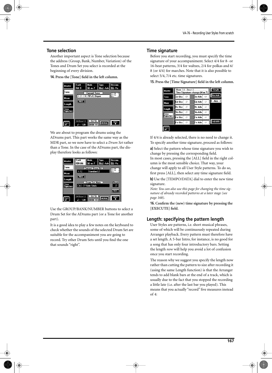 Tone selection, Time signature, Length: specifying the pattern length | Roland V-Arranger Keyboard VA-76 User Manual | Page 165 / 264