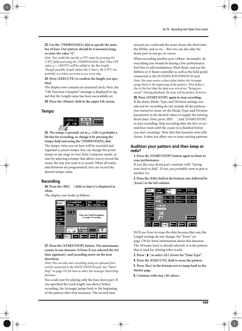 Tempo, Recording, Audition your pattern and then keep or redo | Roland V-Arranger Keyboard VA-76 User Manual | Page 167 / 264