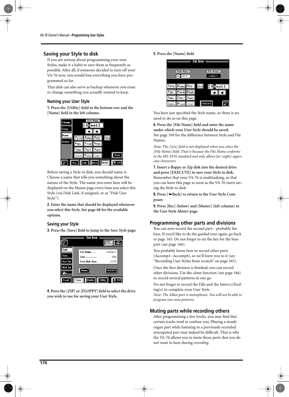 Saving your style to disk, Programming other parts and divisions, Muting parts while recording others | Roland V-Arranger Keyboard VA-76 User Manual | Page 168 / 264