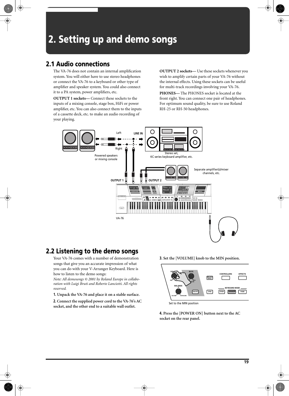 Setting up and demo songs, 1 audio connections, 2 listening to the demo songs | Roland V-Arranger Keyboard VA-76 User Manual | Page 17 / 264